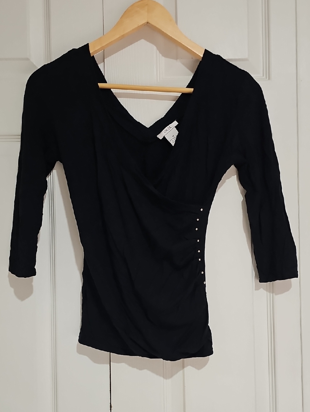 ✨ Cache Black Ruched Side Snap Detail Top – Chic Fitted Stretch Blouse S/M ✨